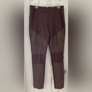 Twiggy London brown back-zip stretch pants/leggings with leather accents, 12